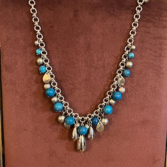 WHBM White House Black Market Silver Turquoise Blue Necklace and Bracelet Set - Picture 1 of 5